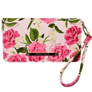 NWT Betsey Johnson Pink & White Floral Bohemian Wristlet around Gold Zip Wallet